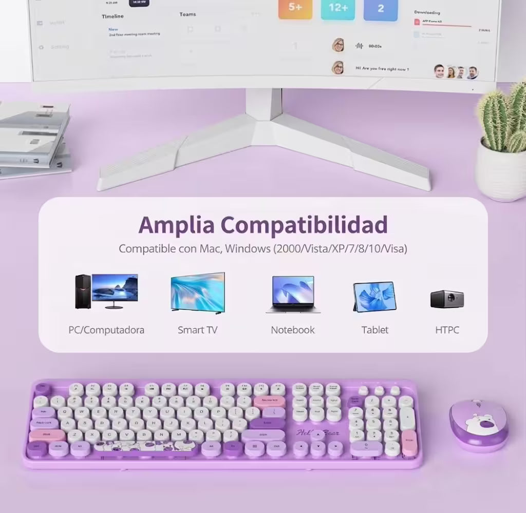 Combo Teclado y Mouse Inalámbrico Geezer Hello Bear - Morado | Mouse 800/1200/1600 DPI | 10m | 2.4G