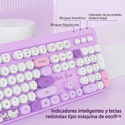 Combo Teclado y Mouse Inalámbrico Geezer Hello Bear - Morado | Mouse 800/1200/1600 DPI | 10m | 2.4G
