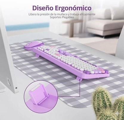 Combo Teclado y Mouse Inalámbrico Geezer Hello Bear - Morado | Mouse 800/1200/1600 DPI | 10m | 2.4G