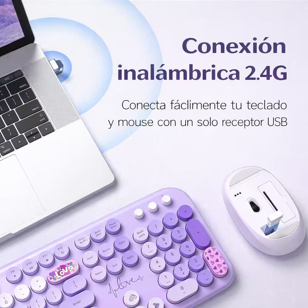 Combo Teclado y Mouse Inalámbrico Mofii Lovely - Morado | Full-Size 104 Teclas Redondas DPI Ajustable | 2.4G