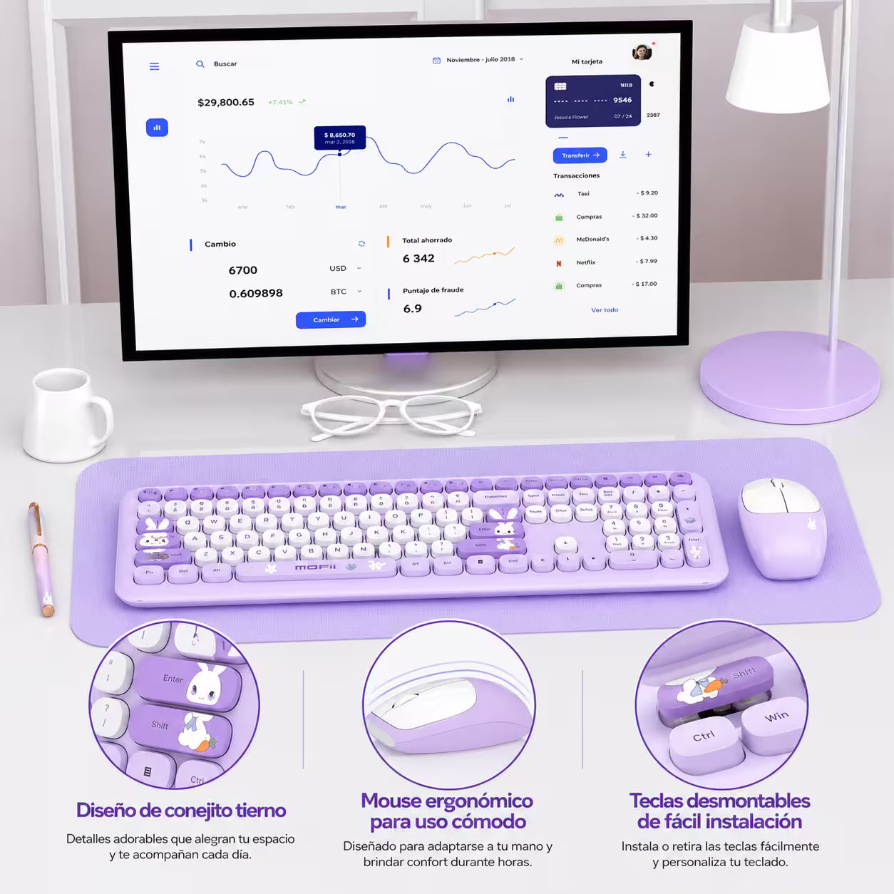 Combo Teclado y Mouse Inalámbrico MOFII 66Pro — Morado | Diseño Kawaii Conejo | 104 Teclas Full-Size | 20 Funciones Multimedia
