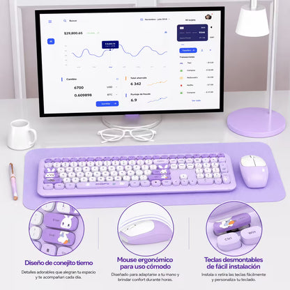 Combo Teclado y Mouse Inalámbrico MOFII 66Pro — Morado | Diseño Kawaii Conejo | 104 Teclas Full-Size | 20 Funciones Multimedia