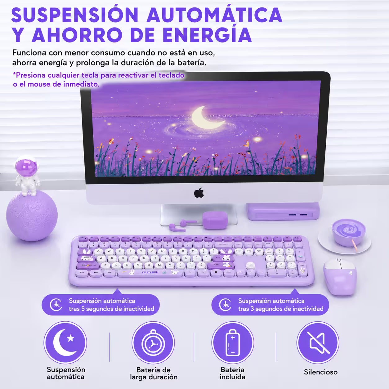 Combo Teclado y Mouse Inalámbrico MOFII 66Pro — Morado | Diseño Kawaii Conejo | 104 Teclas Full-Size | 20 Funciones Multimedia