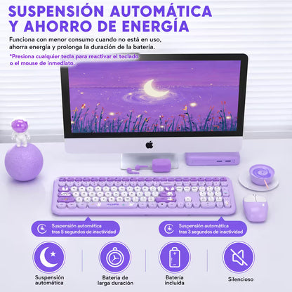 Combo Teclado y Mouse Inalámbrico MOFII 66Pro — Morado | Diseño Kawaii Conejo | 104 Teclas Full-Size | 20 Funciones Multimedia