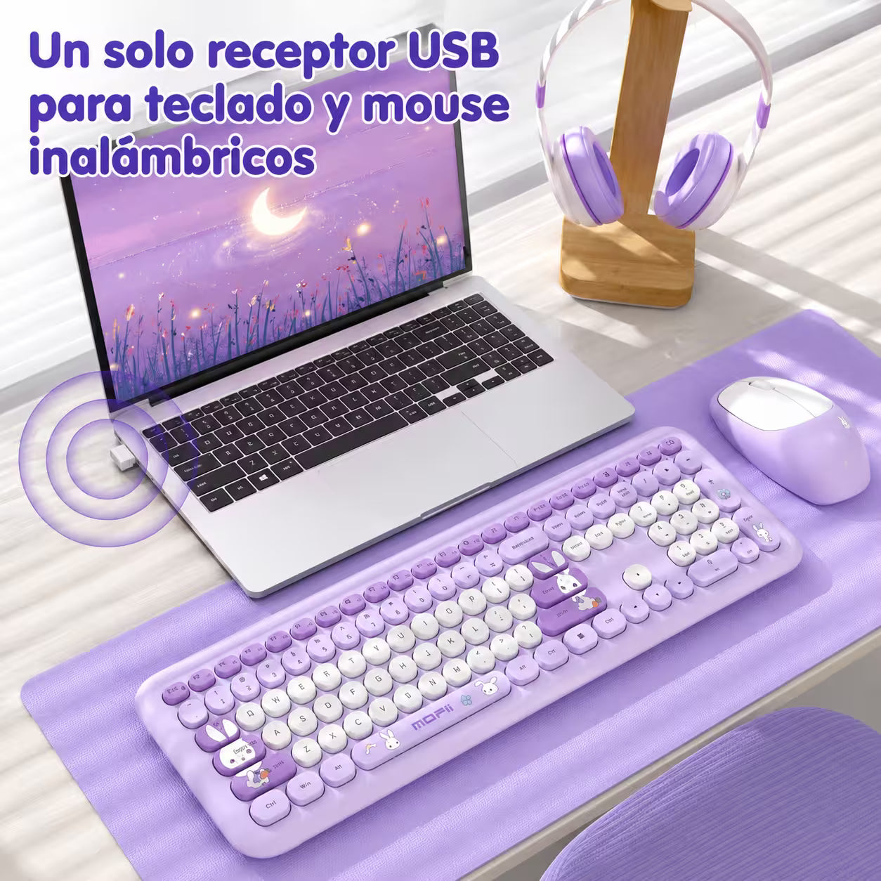 Combo Teclado y Mouse Inalámbrico MOFII 66Pro — Morado | Diseño Kawaii Conejo | 104 Teclas Full-Size | 20 Funciones Multimedia