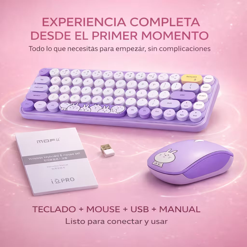 Combo Teclado y Mouse Inalámbrico MOFII I Pro — Morado Kawaii | 68 Teclas Redondas 2.4G Receptor Único