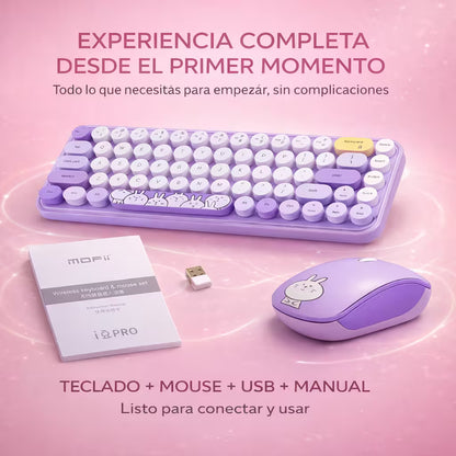 Combo Teclado y Mouse Inalámbrico MOFII I Pro — Morado Kawaii | 68 Teclas Redondas 2.4G Receptor Único