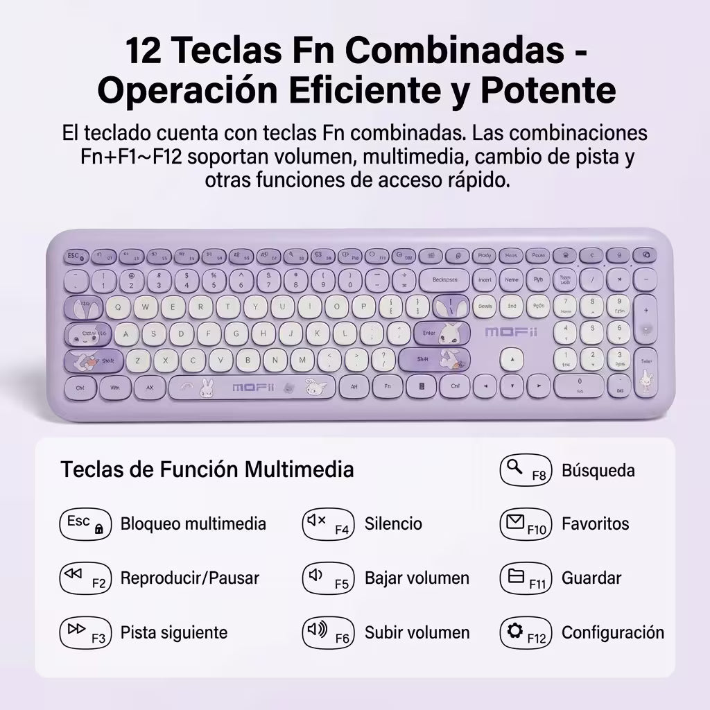 Combo Teclado y Mouse Inalámbrico MOFII 66Pro — Morado | Diseño Kawaii Conejo | 104 Teclas Full-Size | 20 Funciones Multimedia