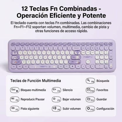 Combo Teclado y Mouse Inalámbrico MOFII 66Pro — Morado | Diseño Kawaii Conejo | 104 Teclas Full-Size | 20 Funciones Multimedia
