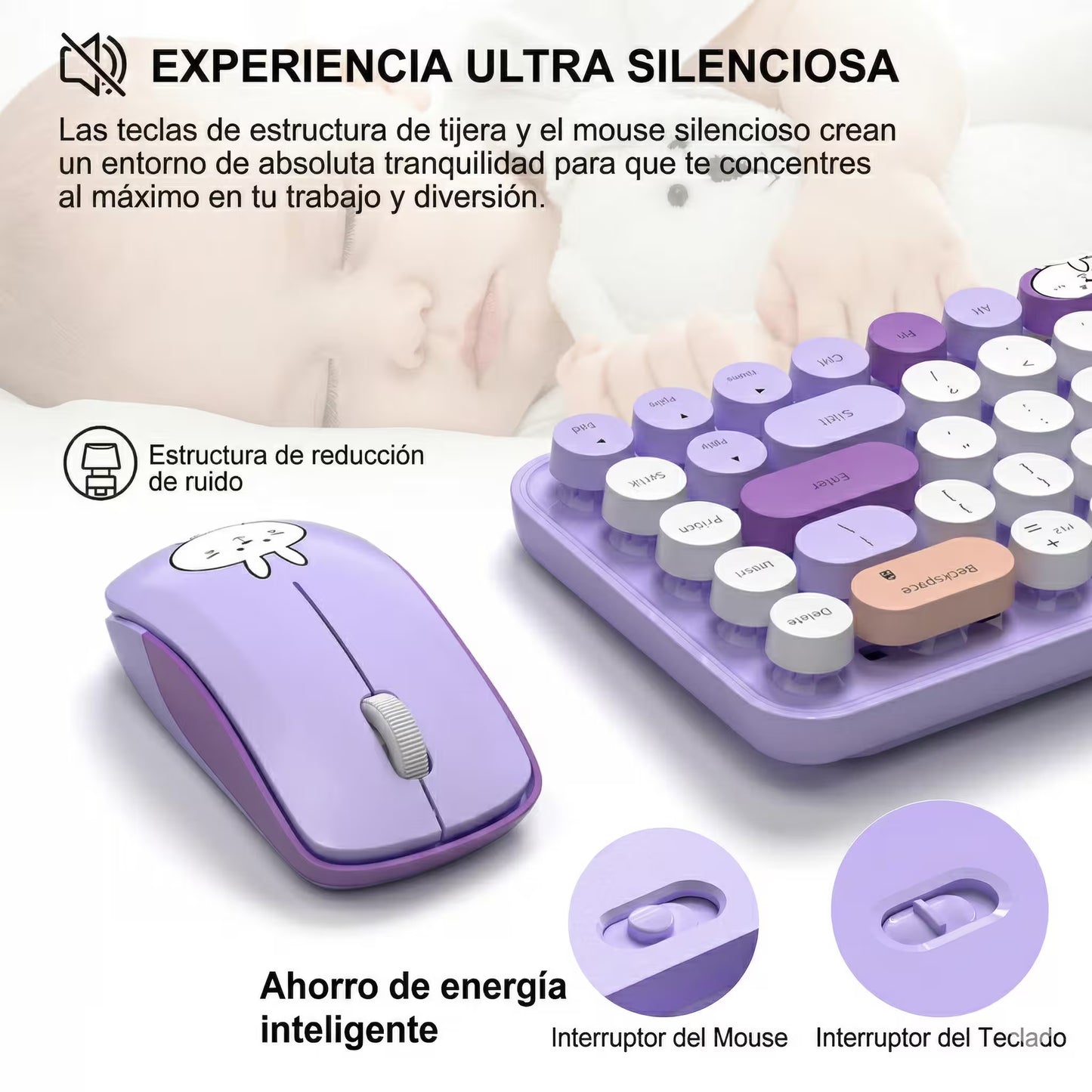 Combo Teclado y Mouse Inalámbrico MOFII I Pro — Morado Kawaii | 68 Teclas Redondas 2.4G Receptor Único