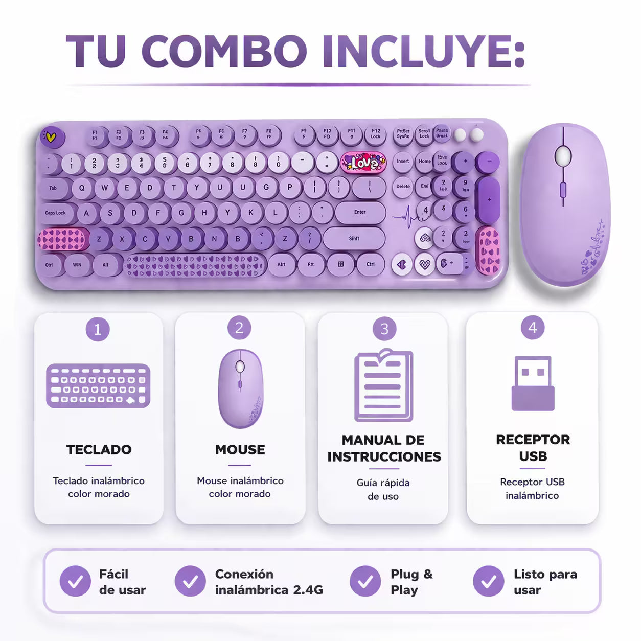 Combo Teclado y Mouse Inalámbrico Mofii Lovely - Morado | Full-Size 104 Teclas Redondas DPI Ajustable | 2.4G