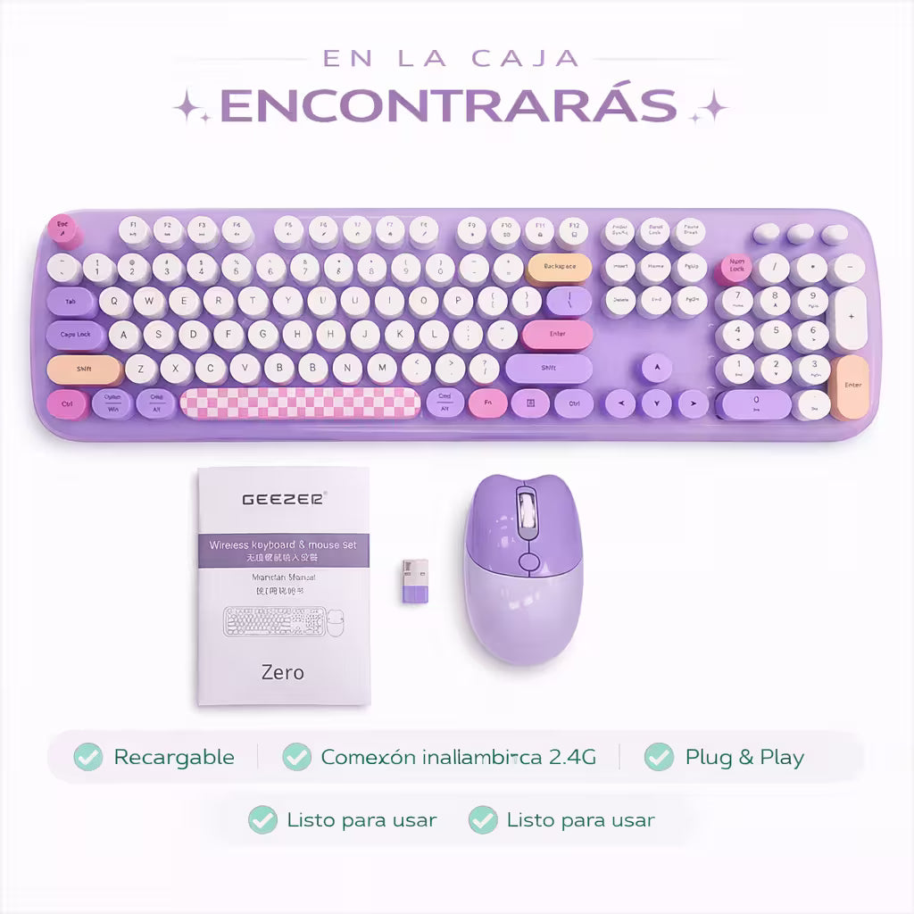 Combo Teclado y Mouse Inalámbrico Geezer Zero - Morado | 104 Teclas Redondas Full-Size | Bajo Ruido | 2.4G