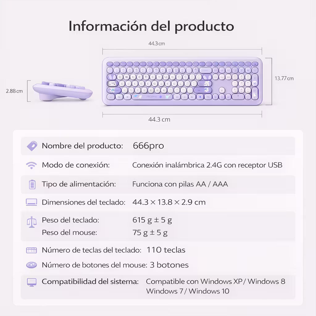 Combo Teclado y Mouse Inalámbrico MOFII 66Pro — Morado | Diseño Kawaii Conejo | 104 Teclas Full-Size | 20 Funciones Multimedia