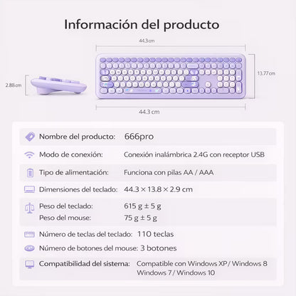 Combo Teclado y Mouse Inalámbrico MOFII 66Pro — Morado | Diseño Kawaii Conejo | 104 Teclas Full-Size | 20 Funciones Multimedia