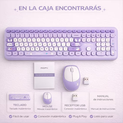 Combo Teclado y Mouse Inalámbrico MOFII 66Pro — Morado | Diseño Kawaii Conejo | 104 Teclas Full-Size | 20 Funciones Multimedia