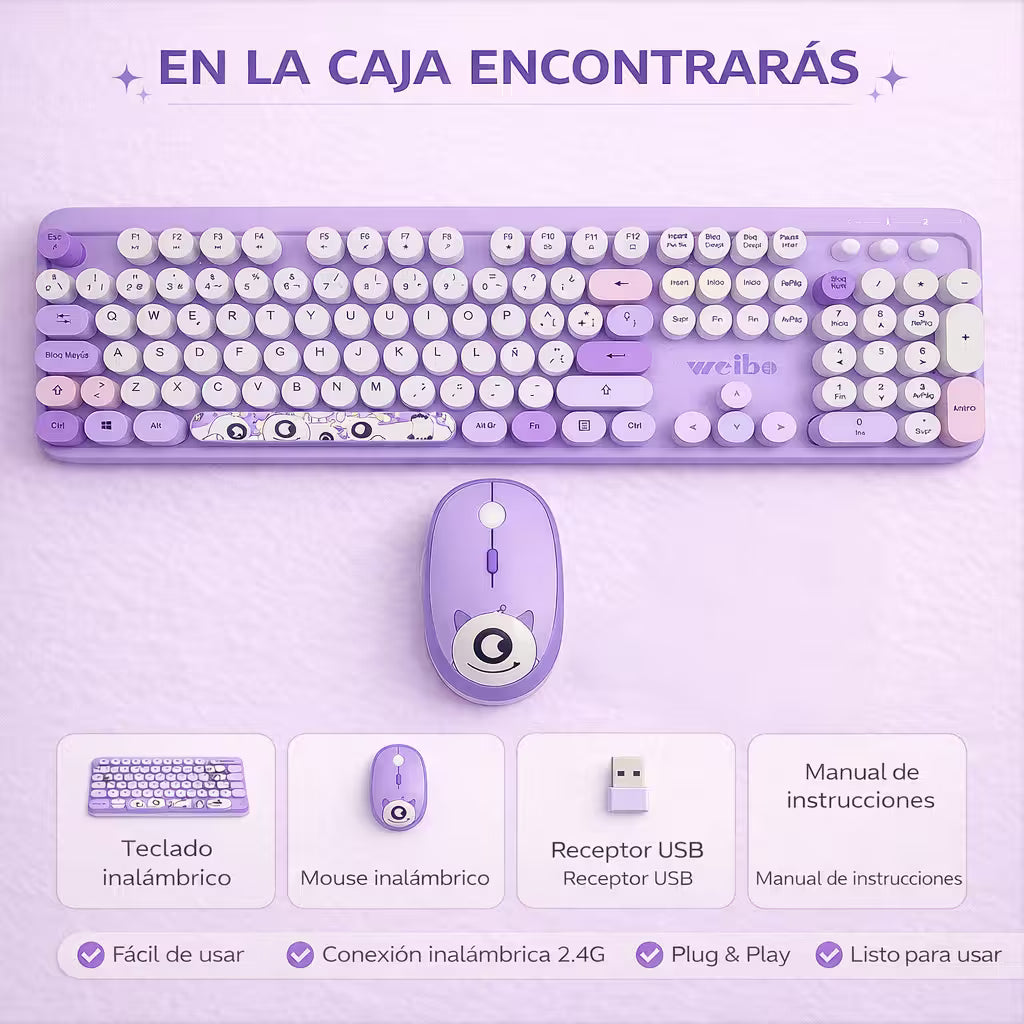 Combo Teclado y Mouse Inalámbrico Weibo WB-216 - Morado | 105 Teclas Redondas Retro | 10m | 2.4G