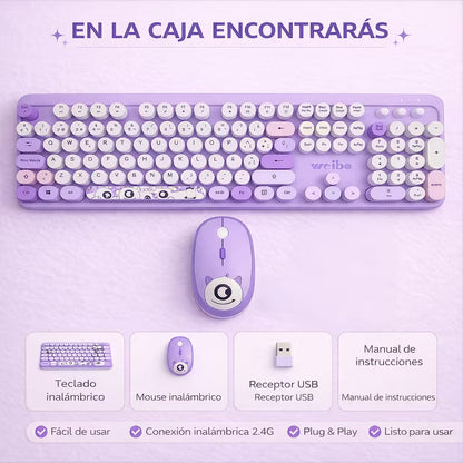 Combo Teclado y Mouse Inalámbrico Weibo WB-216 - Morado | 105 Teclas Redondas Retro | 10m | 2.4G