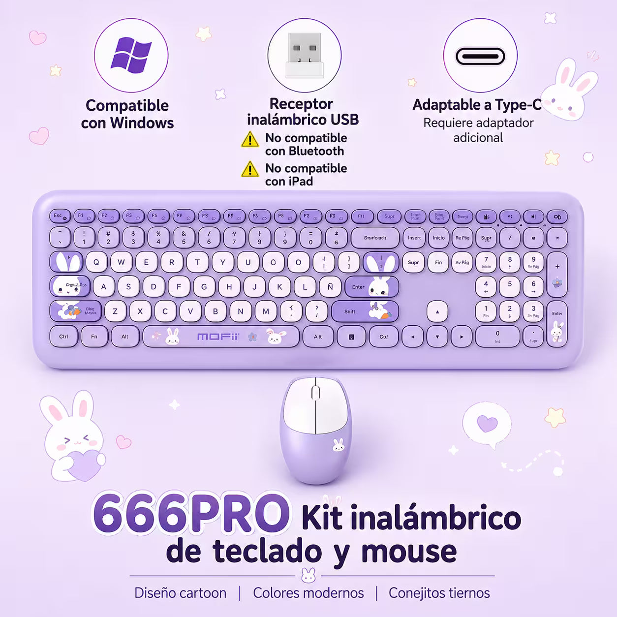 Combo Teclado y Mouse Inalámbrico MOFII 66Pro — Morado | Diseño Kawaii Conejo | 104 Teclas Full-Size | 20 Funciones Multimedia