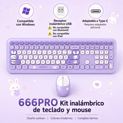 Combo Teclado y Mouse Inalámbrico MOFII 66Pro — Morado | Diseño Kawaii Conejo | 104 Teclas Full-Size | 20 Funciones Multimedia