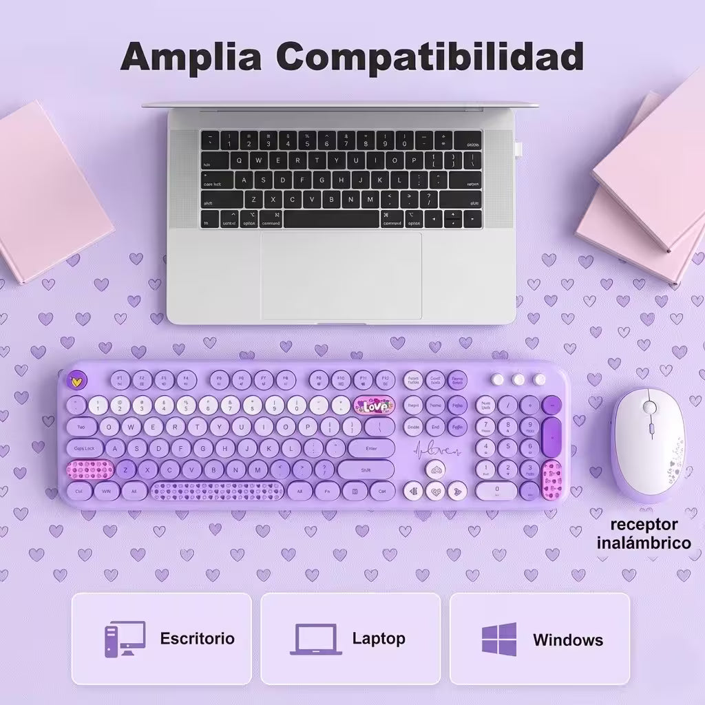 Combo Teclado y Mouse Inalámbrico Mofii Lovely - Morado | Full-Size 104 Teclas Redondas DPI Ajustable | 2.4G