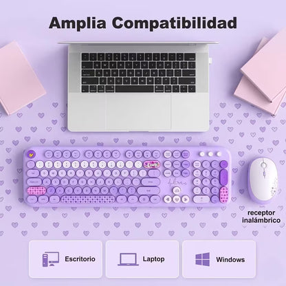 Combo Teclado y Mouse Inalámbrico Mofii Lovely - Morado | Full-Size 104 Teclas Redondas DPI Ajustable | 2.4G