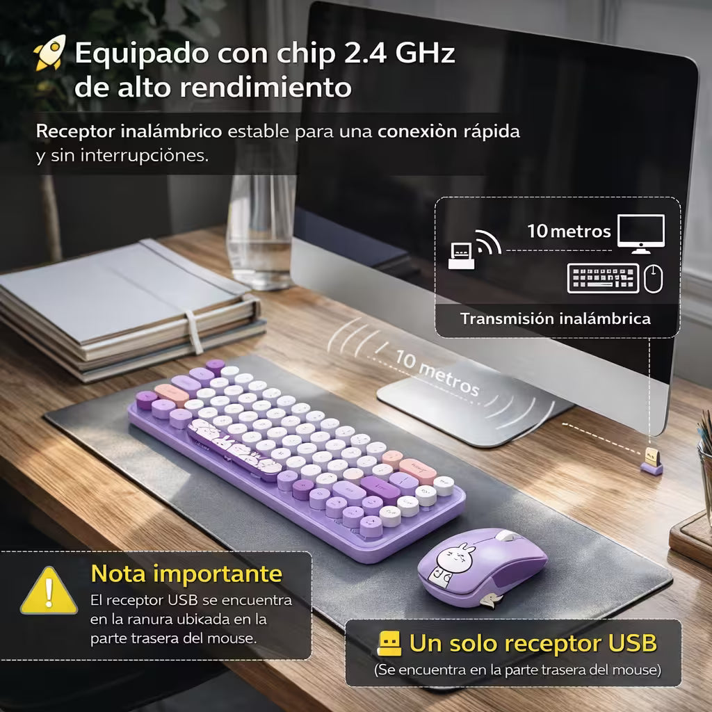 Combo Teclado y Mouse Inalámbrico MOFII I Pro — Morado Kawaii | 68 Teclas Redondas 2.4G Receptor Único
