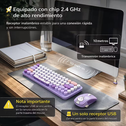 Combo Teclado y Mouse Inalámbrico MOFII I Pro — Morado Kawaii | 68 Teclas Redondas 2.4G Receptor Único