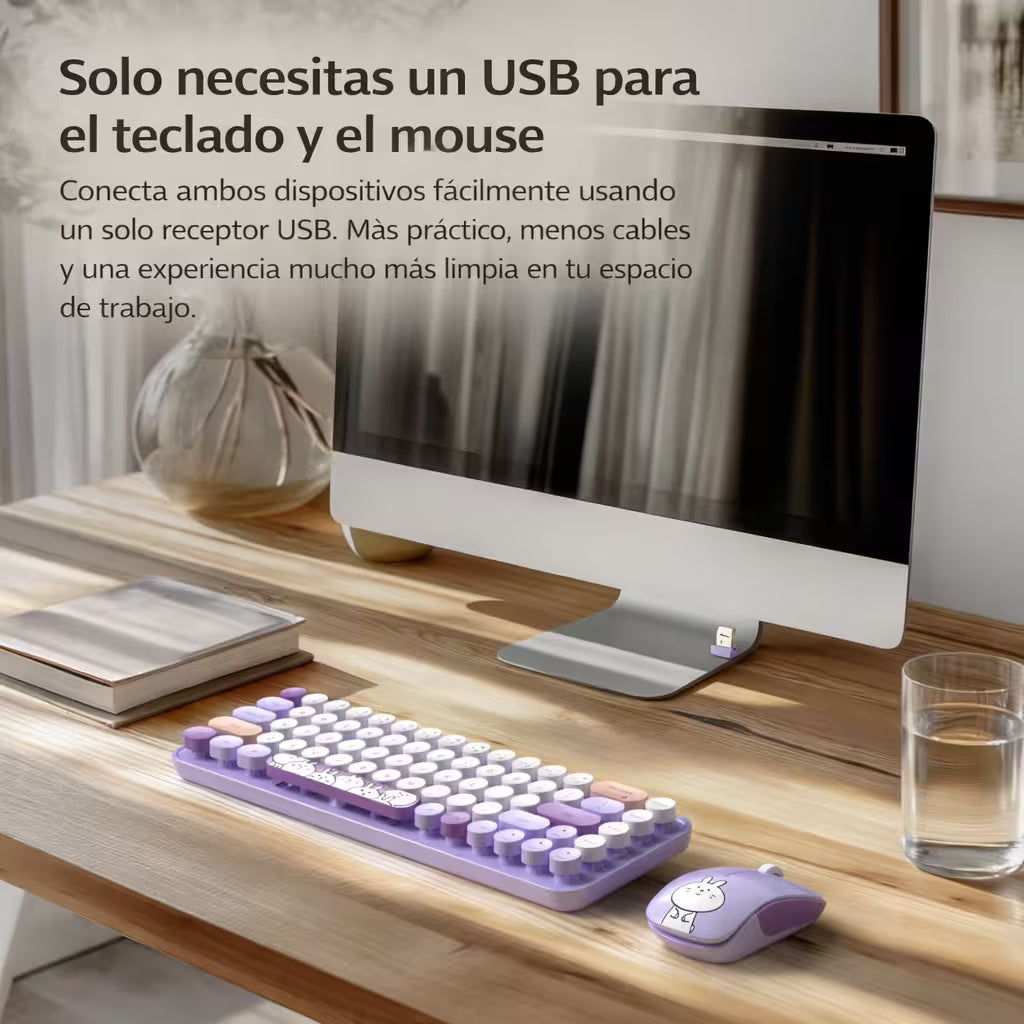 Combo Teclado y Mouse Inalámbrico MOFII I Pro — Morado Kawaii | 68 Teclas Redondas 2.4G Receptor Único