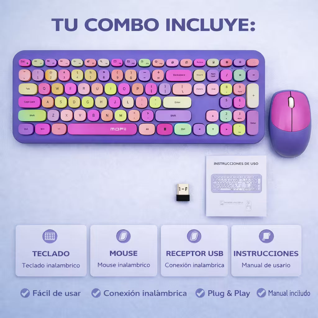 Combo Teclado y Mouse Inalámbrico MOFII 0060 — Morado | Membrana Ergónomico | 1200 DPI 10m | 2.4G
