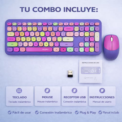 Combo Teclado y Mouse Inalámbrico MOFII 0060 — Morado | Membrana Ergónomico | 1200 DPI 10m | 2.4G