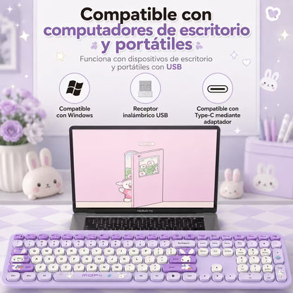 Combo Teclado y Mouse Inalámbrico MOFII 66Pro — Morado | Diseño Kawaii Conejo | 104 Teclas Full-Size | 20 Funciones Multimedia