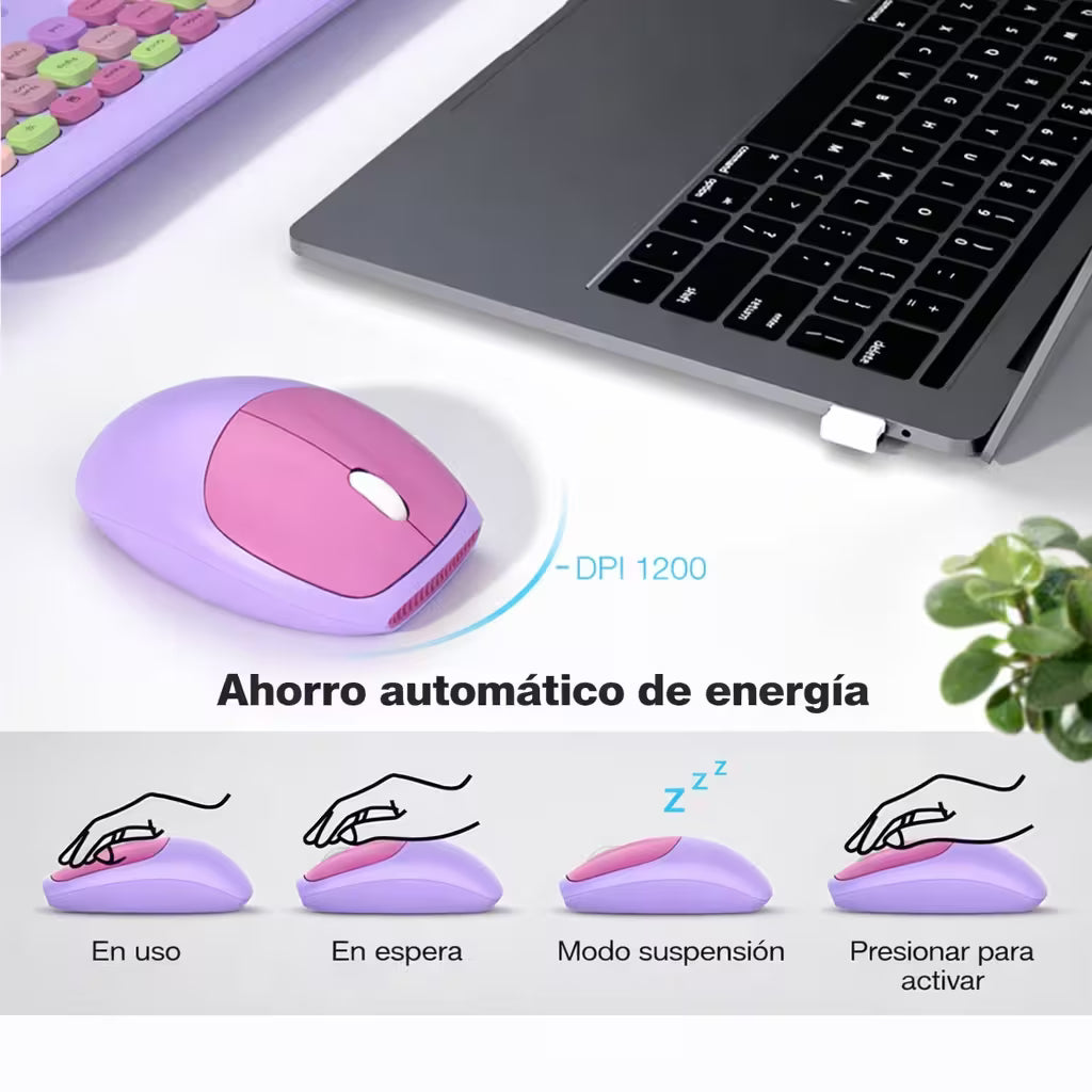 Combo Teclado y Mouse Inalámbrico MOFII 0060 — Morado | Membrana Ergónomico | 1200 DPI 10m | 2.4G