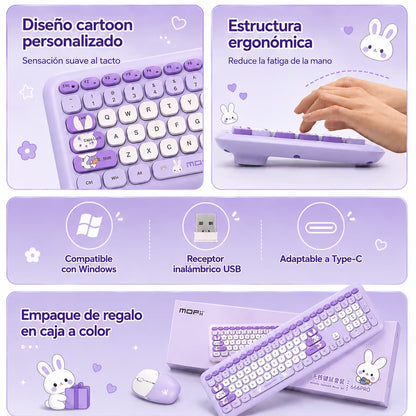 Combo Teclado y Mouse Inalámbrico MOFII 66Pro — Morado | Diseño Kawaii Conejo | 104 Teclas Full-Size | 20 Funciones Multimedia
