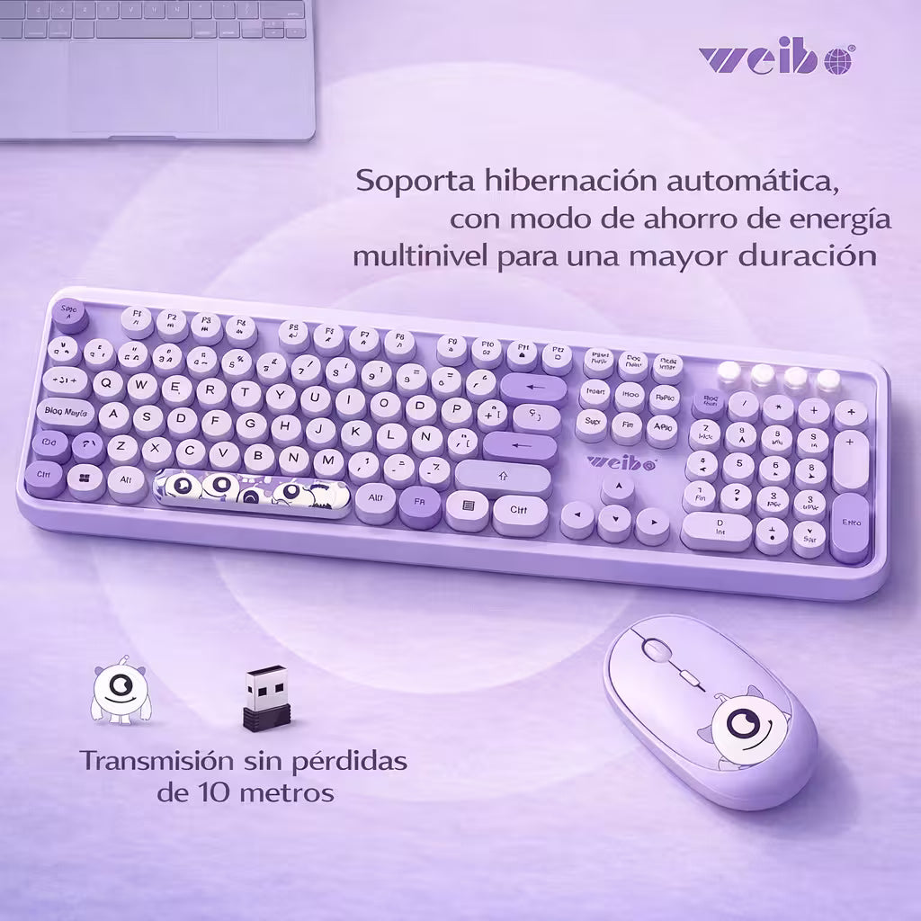Combo Teclado y Mouse Inalámbrico Weibo WB-216 - Morado | 105 Teclas Redondas Retro | 10m | 2.4G
