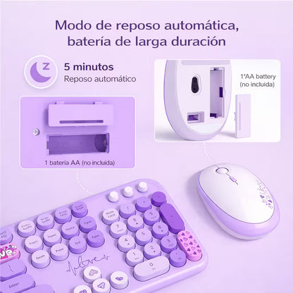 Combo Teclado y Mouse Inalámbrico Mofii Lovely - Morado | Full-Size 104 Teclas Redondas DPI Ajustable | 2.4G