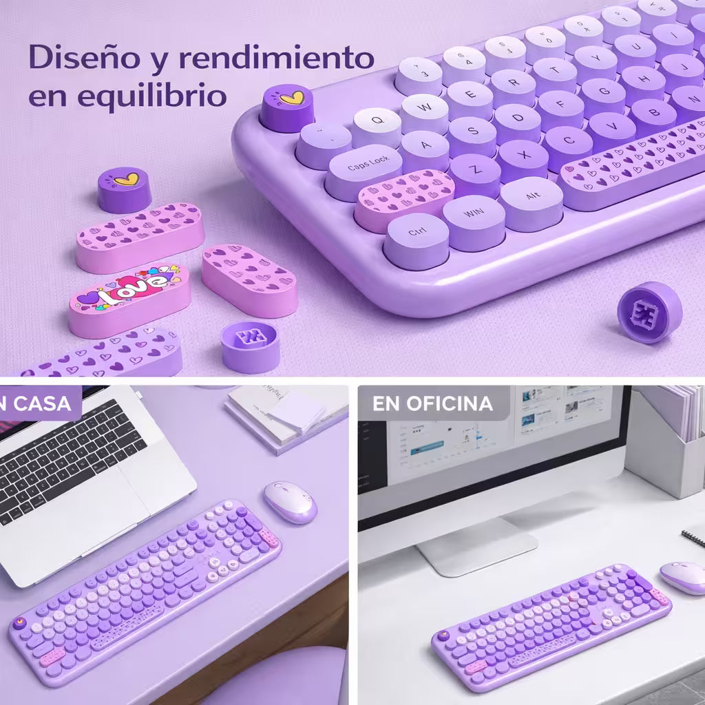 Combo Teclado y Mouse Inalámbrico Mofii Lovely - Morado | Full-Size 104 Teclas Redondas DPI Ajustable | 2.4G