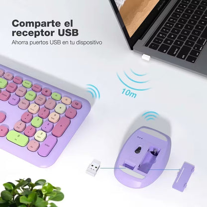 Combo Teclado y Mouse Inalámbrico MOFII 0060 — Morado | Membrana Ergónomico | 1200 DPI 10m | 2.4G
