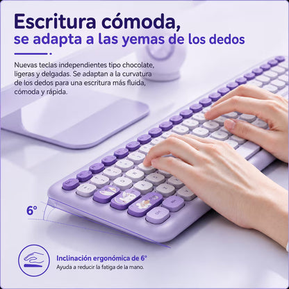 Combo Teclado y Mouse Inalámbrico MOFII 66Pro — Morado | Diseño Kawaii Conejo | 104 Teclas Full-Size | 20 Funciones Multimedia