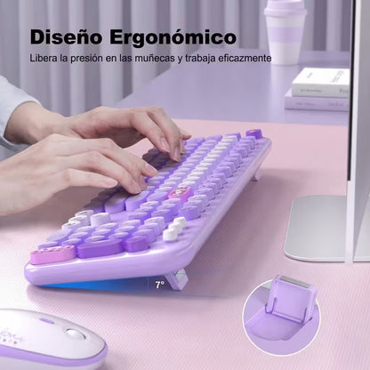 Combo Teclado y Mouse Inalámbrico Mofii Lovely - Morado | Full-Size 104 Teclas Redondas DPI Ajustable | 2.4G