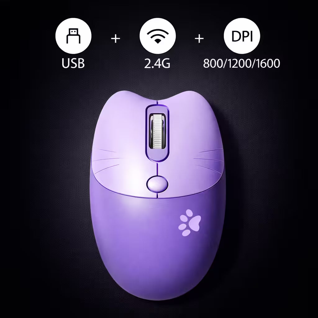 Mouse Inalámbrico MOFii M3 Morado - Silencioso 2.4G 1600 DPI Diseño Gato Ergonómico