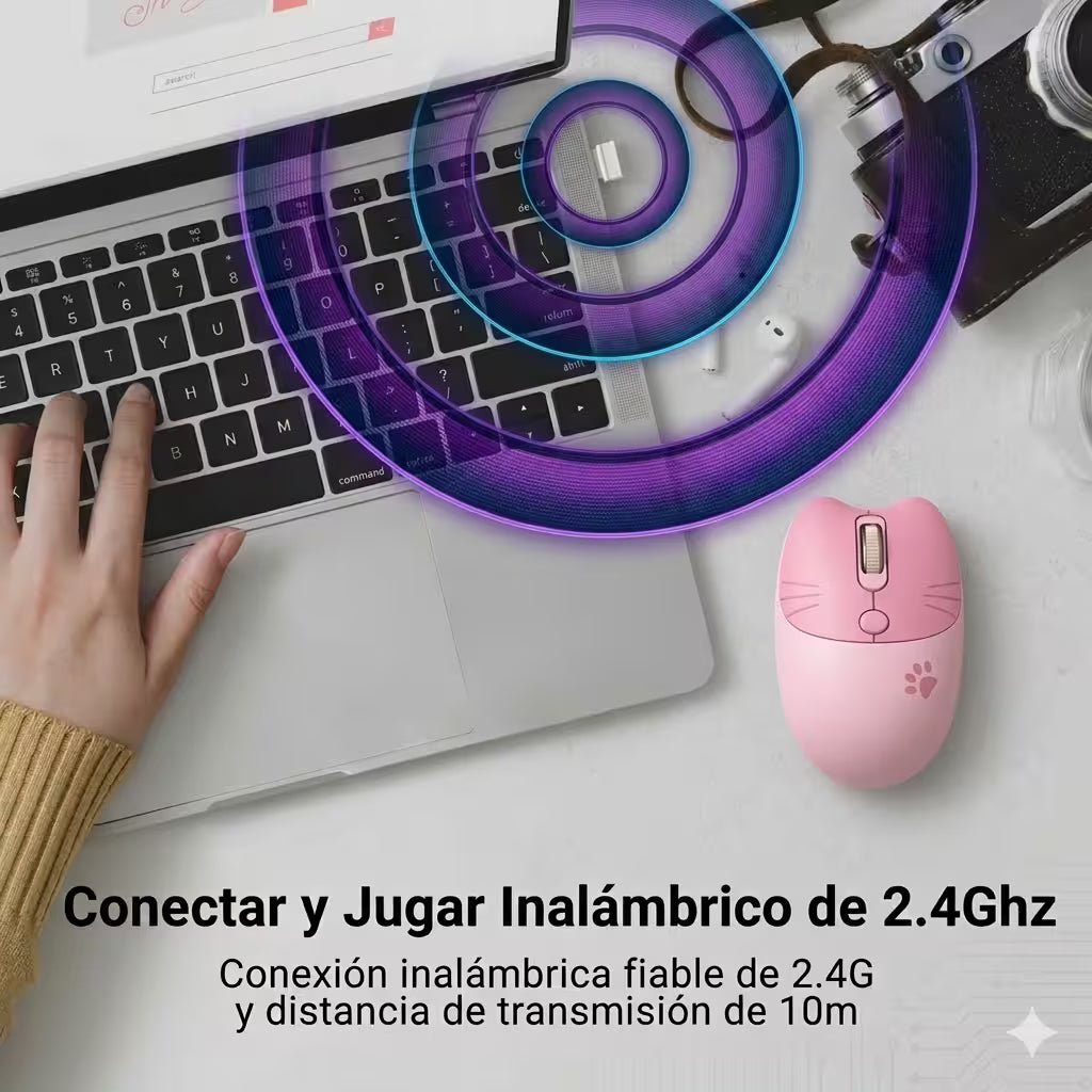 Mouse Inalámbrico MOFii M3 Rosado - Silencioso 2.4G 1600 DPI Gato Ergonómico