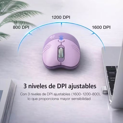 Mouse Inalámbrico MOFii M3 Morado - Silencioso 2.4G 1600 DPI Diseño Gato Ergonómico