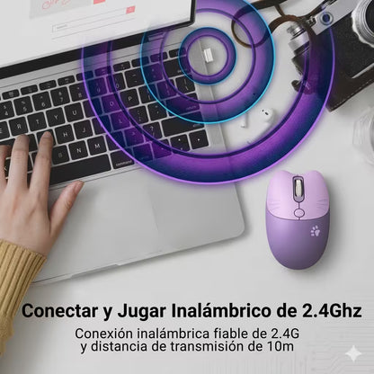 Mouse Inalámbrico MOFii M3 Morado - Silencioso 2.4G 1600 DPI Diseño Gato Ergonómico