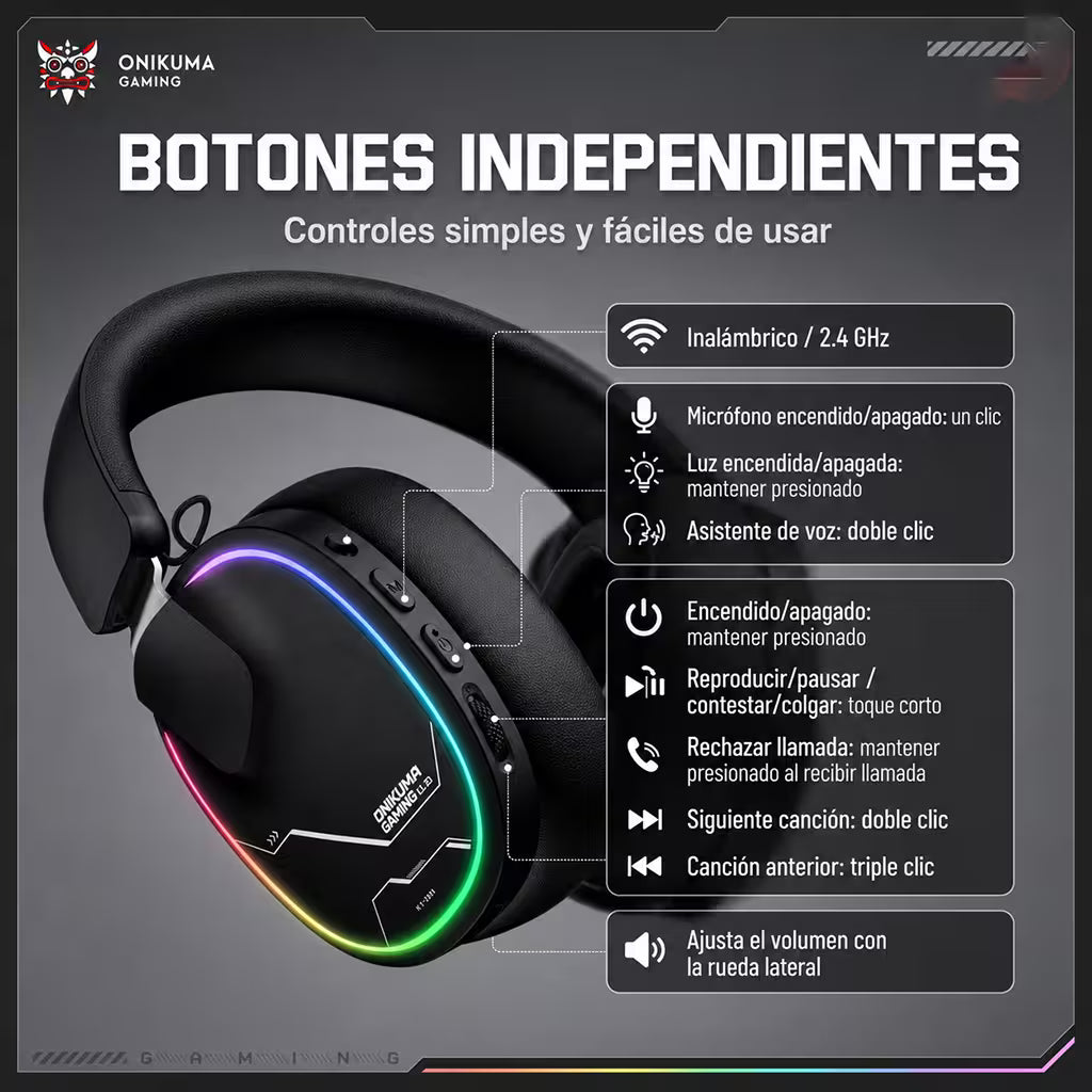 Audífonos Gamer Inalámbricos Onikuma GT836 - Negra - vista 4 diadema gamer audífonos