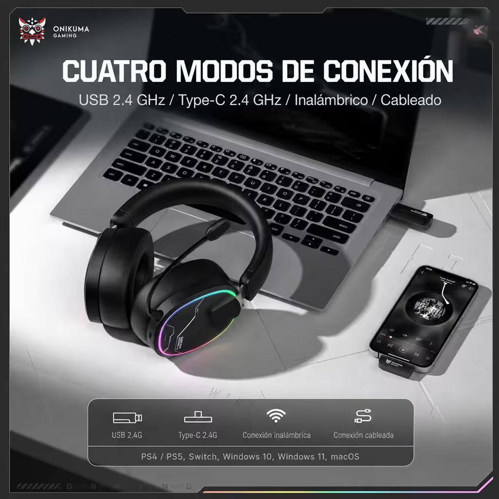Audífonos Gamer Inalámbricos Onikuma GT836 - Negra - vista 5 diadema gamer audífonos
