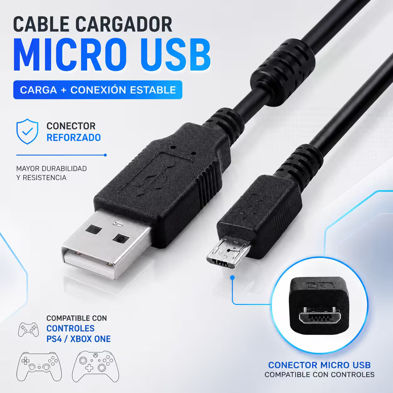 Cable de Datos y Carga USB Alta Resistencia DOBE | Compatible PS4 y Xbox One