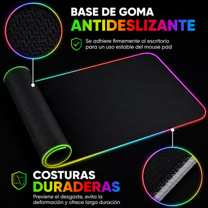Pad Mouse Gamer RGB 80x30cm | Base Antideslizante Superficie Suave Costura Reforzada