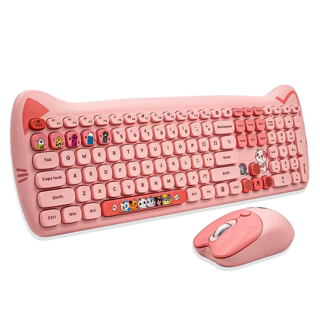 Combo Teclado Mouse GEEZER Orejas de Gato Rosado Plus - 104 Teclas 2.4G 1600 DPI Retro