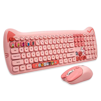 Combo Teclado Mouse GEEZER Orejas de Gato Rosado Plus - 104 Teclas 2.4G 1600 DPI Retro