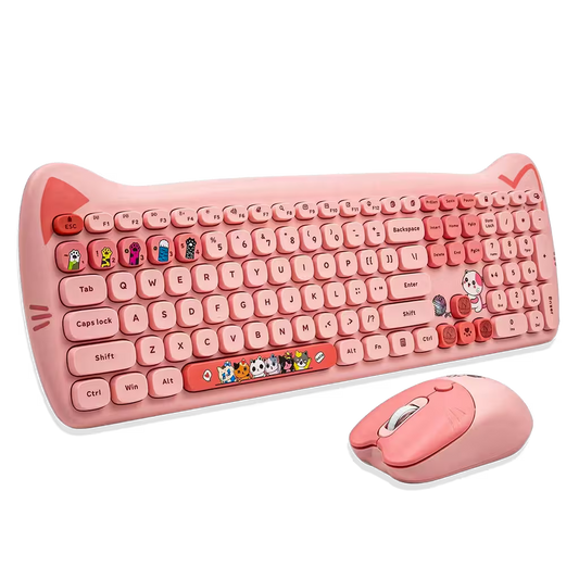 Combo Teclado Mouse GEEZER Orejas de Gato Rosado Plus - 104 Teclas 2.4G 1600 DPI Retro